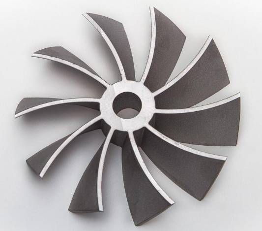 A 5-axis cutting head allows a waterjet to cut a fan blade from plate